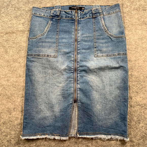One 5 One Jean Skirt Womens Large Stretch Gold Zip‎ Front - Picture 1 of 8